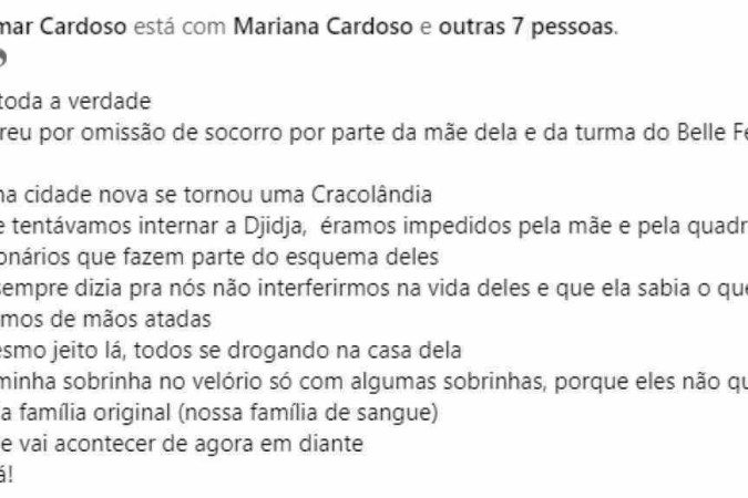 Cleomar Cardoso, tia de Djidja Cardoso, postou no Facebook 