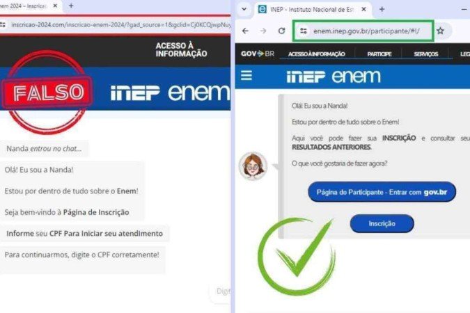 Os sites falsos que simulam o exame têm o layout parecido com o oficial mas não conta com o domínio gov.br na URL, que indica quando uma página é do governo federal - (crédito: Reprodução) Os sites falsos que simulam o exame têm o layout parecido com o oficial mas não conta com o domínio gov.br na URL, que indica quando uma página é do governo federal - (crédito: Reprodução)