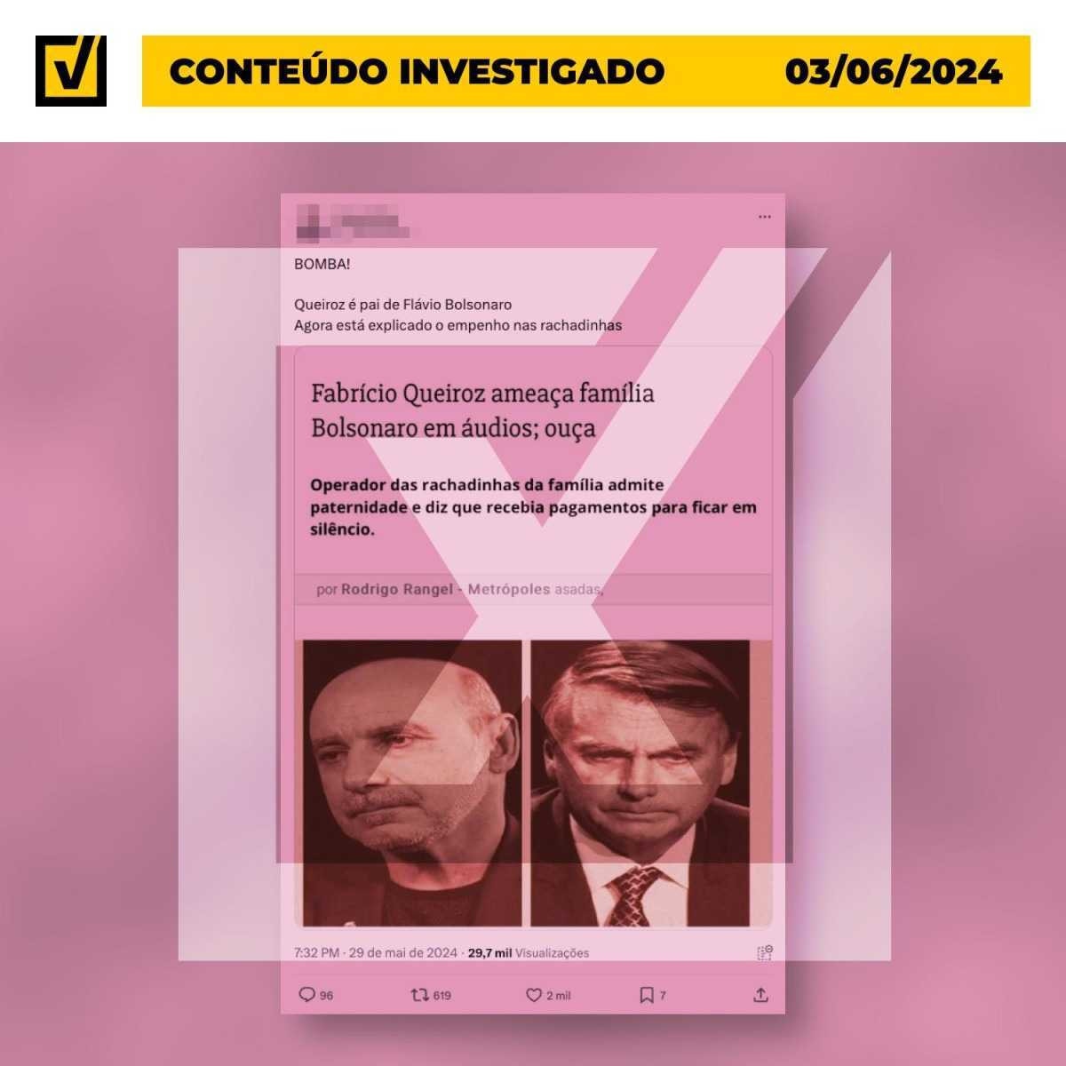 Reportagem não disse que Queiroz é pai de Flávio Bolsonaro