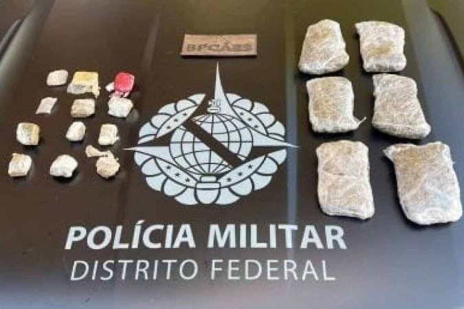 Seis pacotes de skunk e 12 porções de maconha foram localizados pelo cão farejador - (crédito: Divulgação/PMDF) Seis pacotes de skunk e 12 porções de maconha foram localizados pelo cão farejador - (crédito: Divulgação/PMDF)