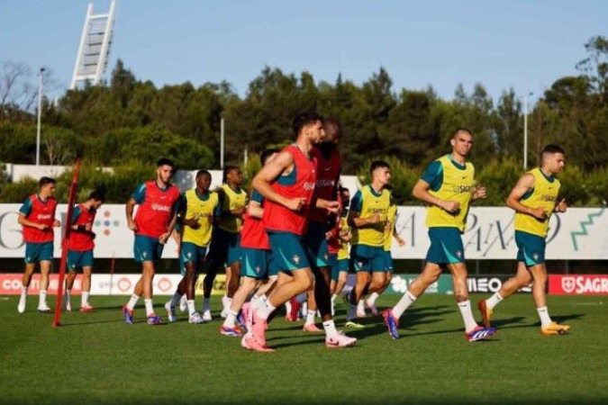 Jogadores de Portugal durante treinamento da equipe - Foto: Divulgação/FPF -  (crédito: Divulgação/FPF)