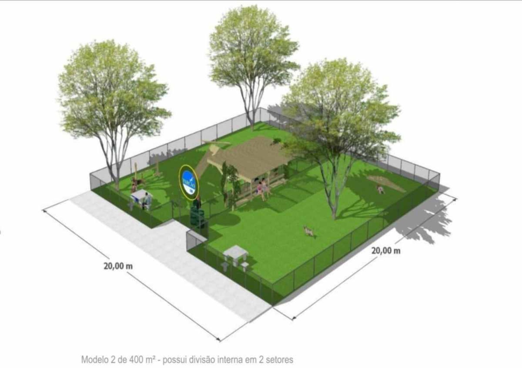 O menor parque contará com 400 m² e dimensões de 20 m x 20 m