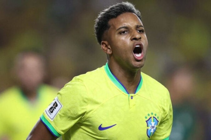 Rodrygo comemora seu gol pela Seleção Brasileira -  (crédito: Foto: Vitor Silva/Divulgação CBF)