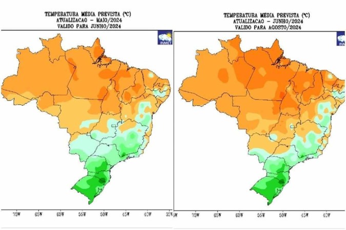 Temperaturas médias para junho e agosto no Brasil -  (crédito: Divulgação/Inmet)
