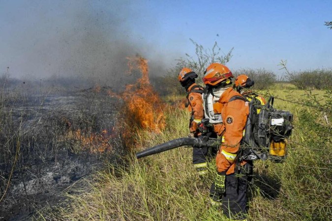 Bombeiros em ação no combate a incêndios florestais em Mato Grosso do Sul: fenômeno é maior do que a capacidade de contenção -  (crédito:  AFP)