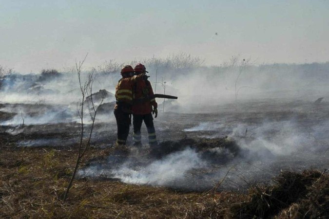Imagem mostra bombeiros lutando para controlar um incêndio florestal no Bioma Pantanal, na região de Corumbá, Estado de Mato Grosso do Sul, Brasil, em 23 de junho de 2024.       -  (crédito: Reprodução/Governo do Estado do Mato Grosso do Sul )