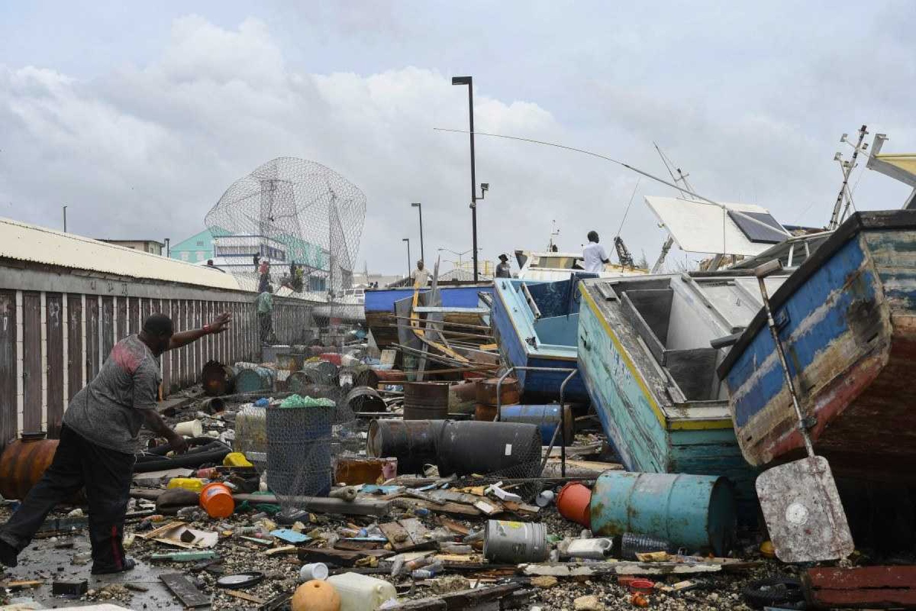  Damaged fishing boats pile up against each other after Hurricane Beryl at the Bridgetown Fish Market, Bridgetown, Barbados, July 1, 2024. (Photo by Randy Brooks / AFP)       