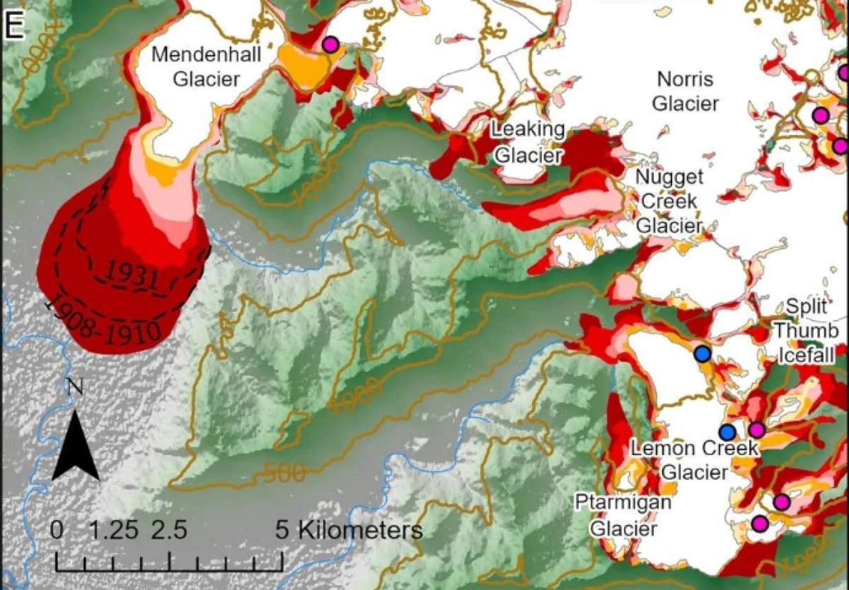 Mapa mostra o derretimento das geleiras ao longo dos anos