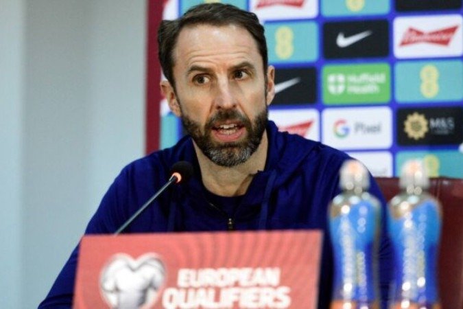 Gareth Southgate durante entrevista coletiva da seleção inglesa - Foto: Robert Atanasovski/AFP via Getty Images -  (crédito: Robert Atanasovski/AFP via Getty Images)