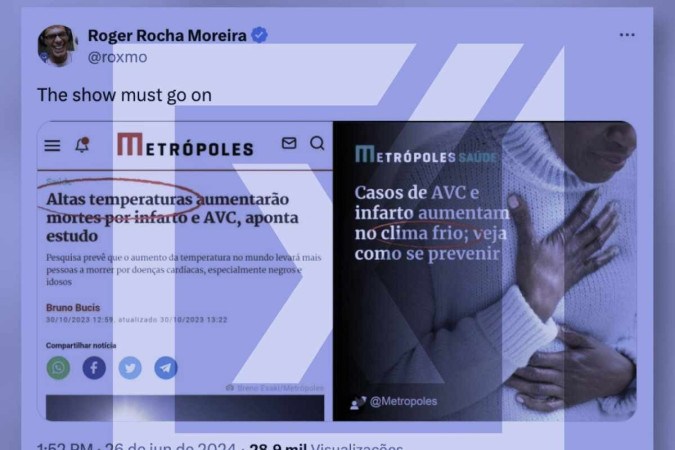  Uma postagem compara duas reportagens que abordam separadamente os efeitos do calor e do frio para o corpo humano -  (crédito: Reprodução/Comprova)