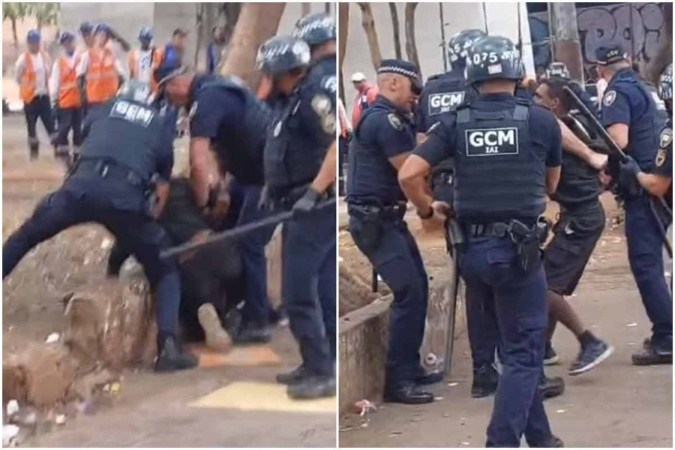 Agentes da Guarda Civil Municipal agrediram um homem em situação de rua com chutes e socos no sábado (6/7), no centro de São Paulo -  (crédito: Reprodução/Instagram/@padrejulio.lancellotti)