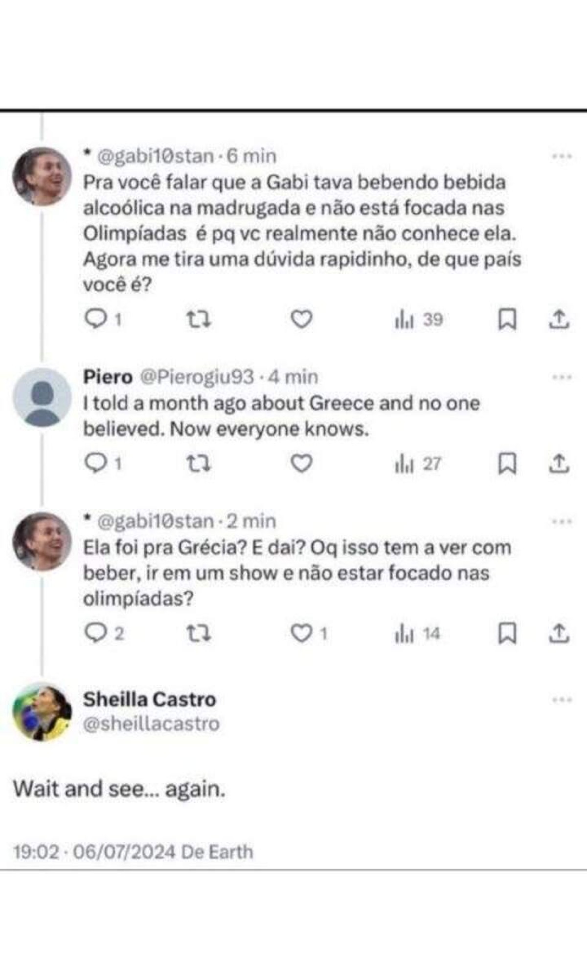 Diálogo entre o suposto perfil fake de Sheilla com uma fã da capitã Gabi no X, antigo Twitter