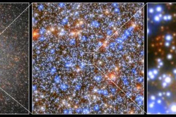 Da esquerda para a direita: O aglomerado estelar globular Omega Centauri como um todo, uma versão ampliada da área central, e a região bem no centro com a localização do buraco negro de tamanho médio que foi identificado no presente estudo marcada  -  (crédito: ESA/Hubble & NASA, M. Häberle (MPIA)/Divulgação)