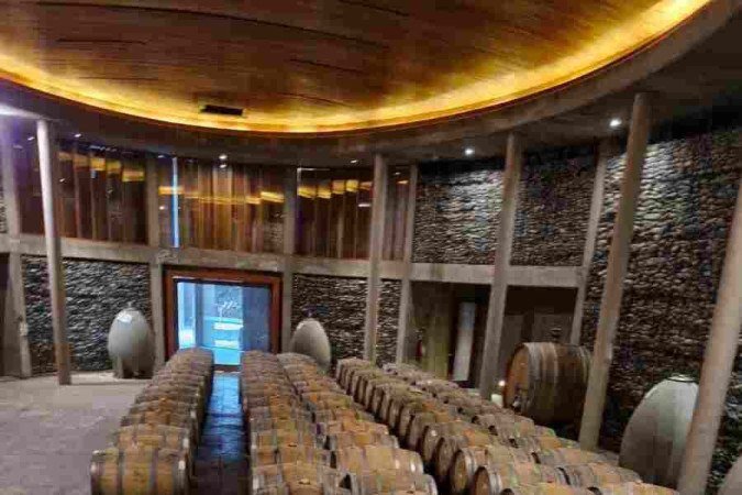 Os barris da vinícola ficam em prédio moderno, de arquitetura requintada 