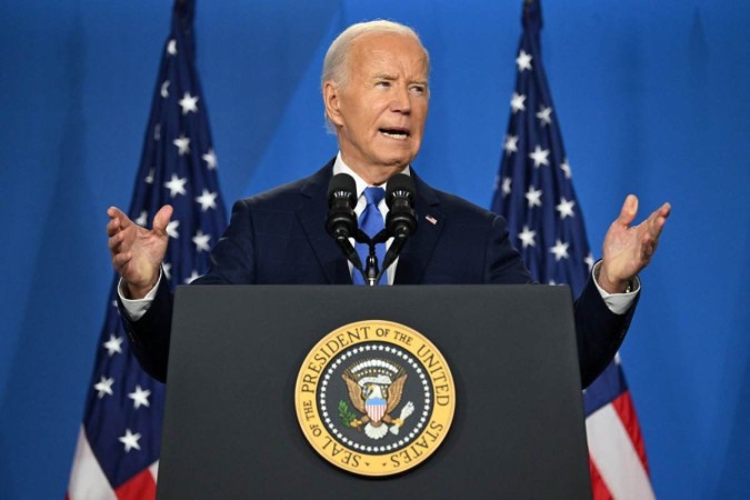  US President Joe Biden speaks during a press conference at the close of the 75th NATO Summit at the Walter E. Washington Convention Center in Washington, DC on July 11, 2024. (Photo by SAUL LOEB / AFP)
      Caption  -  (crédito:  AFP)