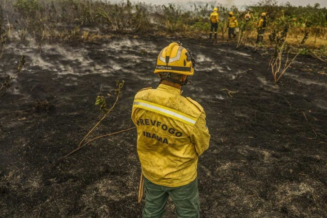 Brigadista do Prevfogo/Ibama observa, desolado, a área devastada pelo incêndio no Pantanal. Crédito extraordinário será dividido entre três ministérios -  (crédito: Marcelo Camargo/Agência Brasil)