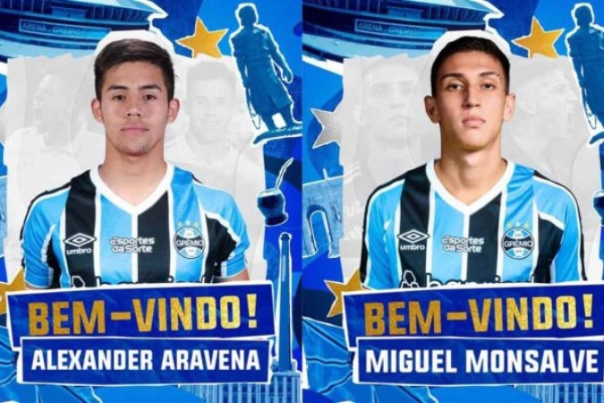 O chileno Aravena e o Colombiano Monsalve reforçam o Grêmio -  (crédito: Fotos: Divulgação / Gremio)