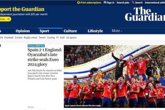 The Guardian destacou derrota inglesa com gol no fim do jogo -  (crédito: Foto: Reprodução de Internet)