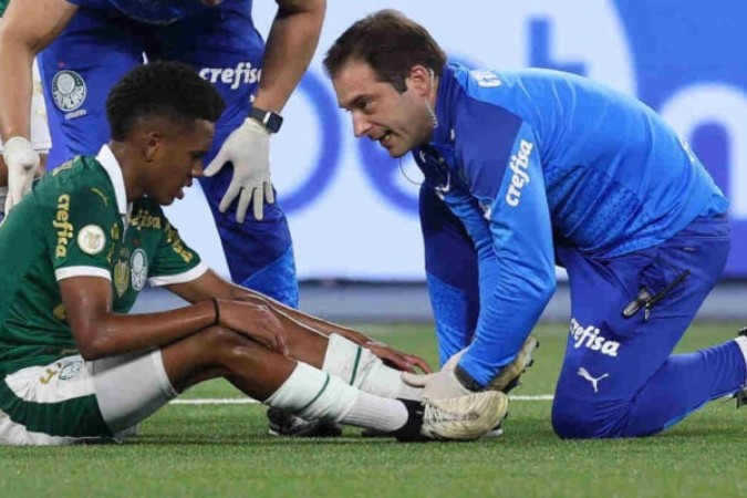  O jogador Est..v..o e o m..dico Pedro Pontin (D), da SE Palmeiras, em jogo contra a equipe do Botafogo FR, durante partida v..lida pela d..cima s..tima rodada, do Campeonato Brasileiro, S..rie A, no Est..dio Nilton Santos. (Foto: Cesar Greco/Palmeiras/by Canon)
     -  (crédito:  CESAR GRECO)