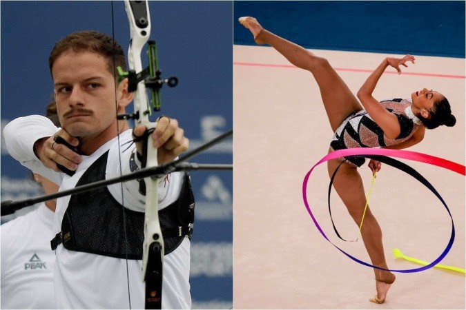 Marcus D'Almeida, do Tiro com Arco, e Barbara Domingos, da Ginástica Rítmica, são dois candidatos ao possível ouro inédito de Paris -  (crédito: Alexandre Loureiro/COB; Miriam Jeske/COB)