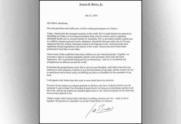 Carta de desistência de Biden, publicada no X. Eleições 2024