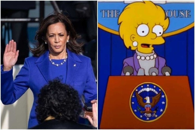 Episódio mostrou Lisa Simpson tornando-se a primeira mulher a assumir a presidência dos EUA, vestida com uma roupa parecida com a usada por Kamala na posse de Biden em 2020 -  (crédito: Reprodução/Instagram/@kamalaharris e Divulgação/Simpsons)