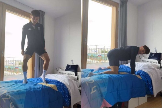 Tom mostrou os detalhes da cama e saltou nela para mostrar como a estrutura sustenta o peso dos atletas -  (crédito: Reprodução/Instagram @tomdaley)