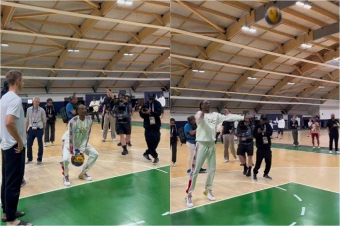 No vídeo, Snoop Dogg arremessa todo desajeitado, mas consegue converter, tira onda e é festejado na quadra -  (crédito: Reprodução/Instagram @teamusa)