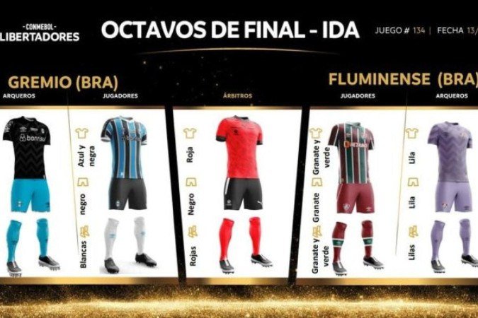 Uniformes que serão usados pelas equipes no jogo de ida, dia 13 de agosto - (crédito: - Foto: Divulgação/Conmebol) Uniformes que serão usados pelas equipes no jogo de ida, dia 13 de agosto - (crédito: - Foto: Divulgação/Conmebol)