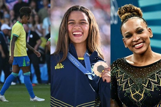 Brasil perde no futebol. Rayssa ganha uma das três medalhas do Brasil neste domingo. Rebeca arrasa nas eliminatórias da ginástica -  (crédito: Fotos: Ben Stanstall / Kirill Kudryavtsev e Loic Venance/ AFP via GettyImages)