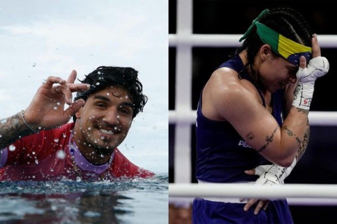 Gabriel Medina avança com nota recorde no surfe olímpico e irá enfrentar Chumbinho. No boxe, Bia Ferreira confirma favoritismo e está nas quartas -  (crédito: Ben Thouard/Pool/AFP via Getty Images e Alexandre Loureiro/COB)