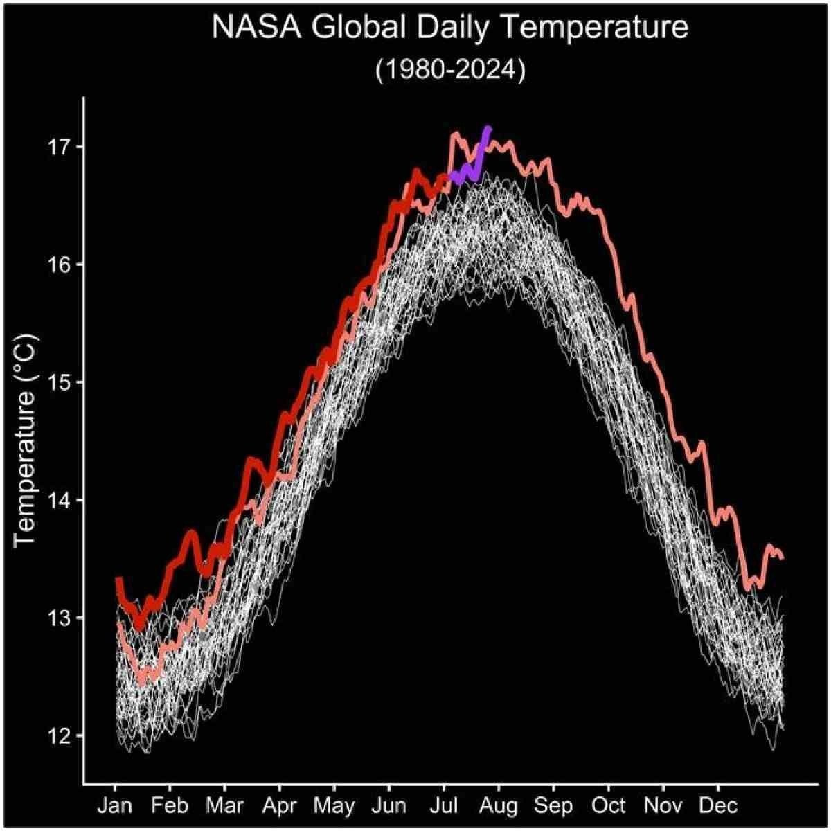 Os valores diários da temperatura média global do MERRA-2 para os anos de 1980 a 2022 são mostrados em branco, os valores para o ano de 2023 são mostrados em rosa e os valores de 2024 a junho são mostrados em vermelho. Os valores diários da temperatura global de 1 a 23 de julho de 2024 do GEOS-FP são mostrados em roxo.