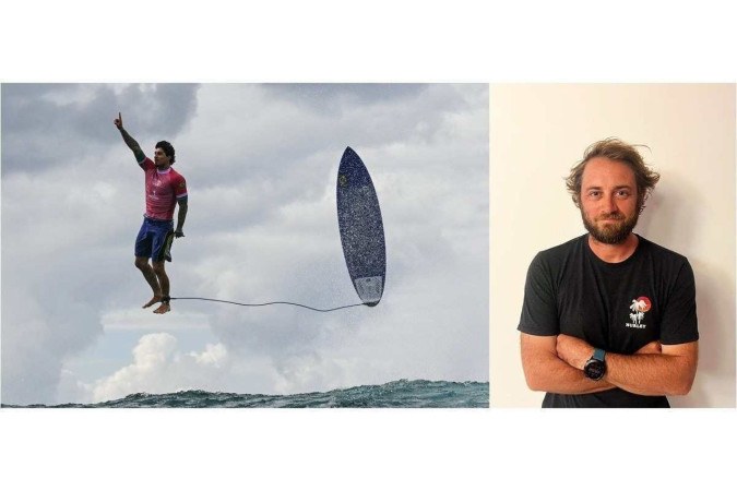 A imagem foi captada de um barco próximo ao recife em que os surfistas competem nas Olimpíadas, em Teahupo'o, no Taiti -  (crédito: Jerome BROUILLET / AFP)