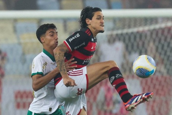 O zagueiro Vitor Reis, do Palmeiras, tenta evitar a investida de Pedro. Mas não teve jeito: goleador fez um gol e ajudou o Flamengo a vencer no Maracanã -  (crédito: Foto: Cesar Greco/Palmeiras)