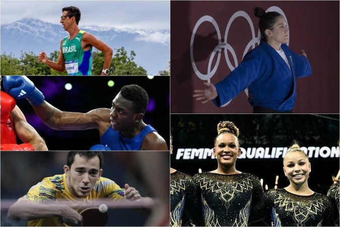 Caio Bonfim (superior esquerda), da marcha atlética, Keno Marley (meio), do boxe, Hugo Calderano (inferior), do tênis de mesa, Mayra Aguiar (superior direita), do judô e Rebeca e Flávia (inferior direita), da ginástica artística -  (crédito: Miriam Jeske/COB; MOHD RASFAN / AFP; Alexandre Loureiro/COB; Júlio César Guimarães/COB; Loic VENANCE / AFP)