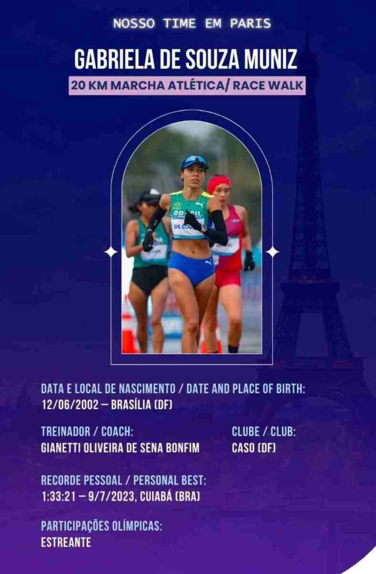 Gabriela Muniz fará a estreia como atleta olímpica nesta quinta-feira (1/8).