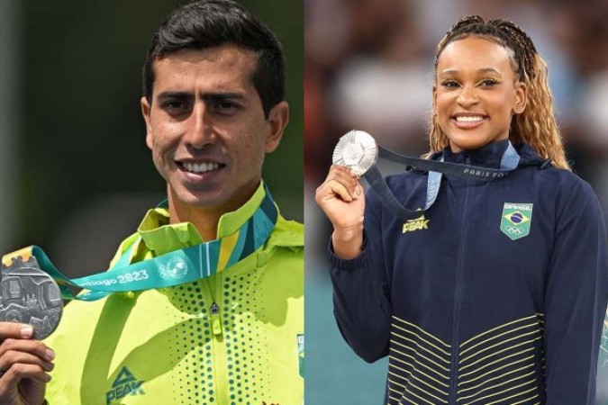 Caio Bonfim conquistou a primeira medalha da história da marcha atlética brasileira ao ficar em segundo na prova dos 20 km. Já Rebeca Andrade faturou a prata no individual geral da ginástica artística e tornou-se a brasileira mais laureada em todos os tempos -  (crédito: Mauto Pimentel/AFP via Getty Images e Luiza Moares/COB)