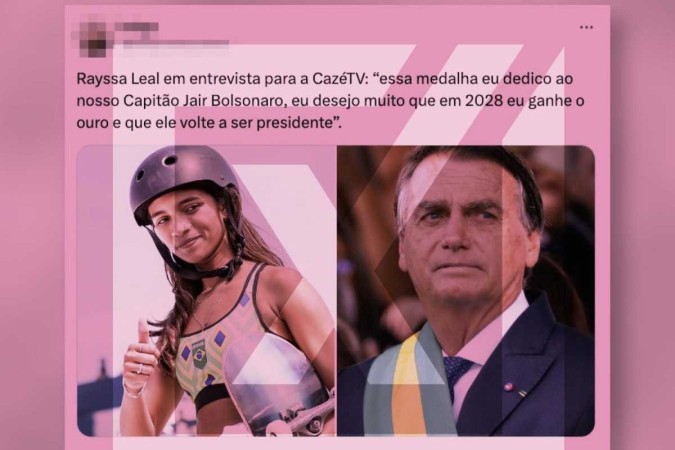 É falso post segundo o qual a skatista Rayssa Leal teria dedicado, durante entrevista ao canal CazéTV, a medalha de bronze ao ex-presidente Jair Bolsonaro (PL). -  (crédito: Reprodução/Comprova)