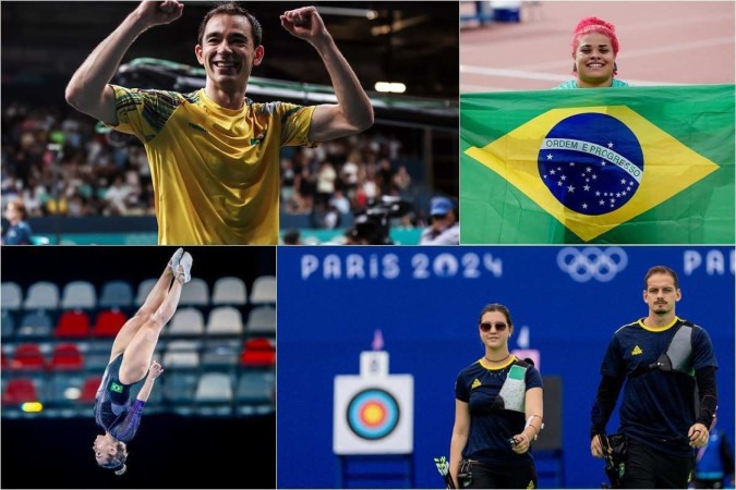 Hugo Calderano, do tênis de mesa (esquerda superior), Camilla Gomes, da ginástica de trampolim (esquerda inferior), Izabela Silva (direita superior), do lançamento de disco, e Marcus D'Almeida e Ana Caetano (direita inferior), do tiro com arco -  (crédito: Gaspar Nóbrega/COB, Miriam Jeske/COB, Alexandre Loureiro/COB, Miriam Jeske/COB)