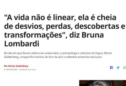 A atriz, escritora e poetisa Bruna Lombardi completa 72 anos nesta quinta-feira (01/08). Ela postou uma mensagem agradecendo à amiga que reproduziu na internet trechos de um livro que Bruna escreveu: 