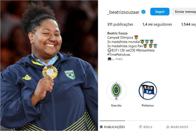  Beatriz Souza conquistou mais de 1 milhão de seguidores após conquistar a medalha de ouro -  (crédito: Abelardo Mendes Jr./CB/ D.A Press; Reprodução/Instagram @_beatrizsouzaar)