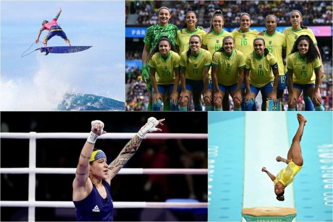 O surfista Gabriel Medina (superior esquerda); a boxeadora Bia Ferreira (inferior esquerda), as jogadoras de futebol do Brasil e a ginasta Rebeca Andrade (inferior direita) -  (crédito: William Lucas/COB; Alexandre Loureiro/COB; Ben STANSALL / AFP; Gabriel BOUYS / AFP)