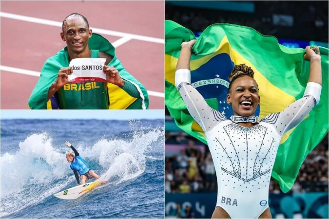  Alison dos Santos (superior esquerda), do atletismo; Tatiana Weston-Webb (inferior esquerda), do surfe; e Rebeca Andrade (direita), da ginástica artística -  (crédito: Gaspar Nóbrega/COB; William Lucas/COB; Wander Roberto/COB)