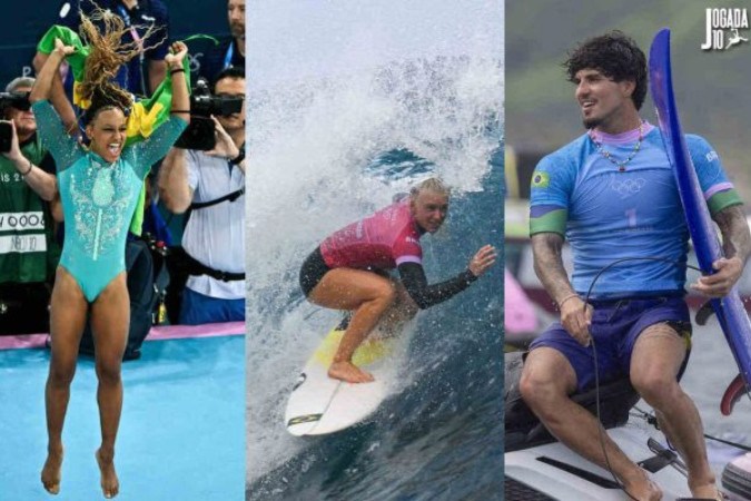 Rebeca leva o ouro no solo da ginástica; Tati é prata no surfe feminino e Medina leva o bronze -  (crédito: Foto: Lionel Bonaventure, Jerome Brouillet e Ed Sloane/AFP via Getty Images)