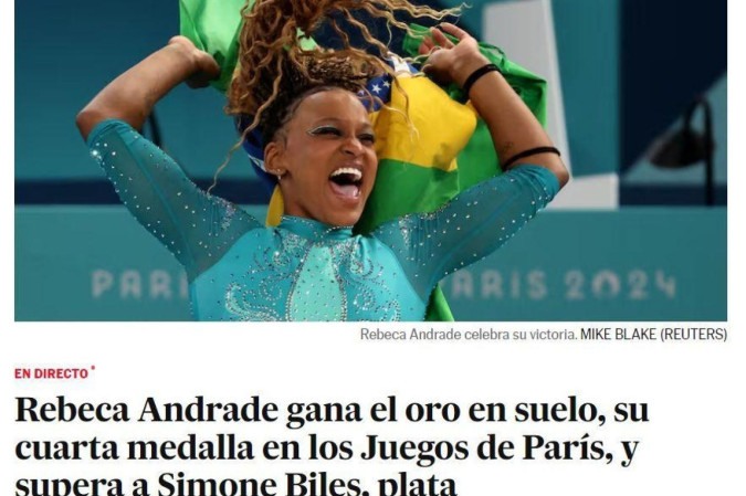 Manchete do The Guardian diz: 'Simone Biles perde ouro no solo enquanto Andrade deslumbra no último dia da ginástica olímpica' -  (crédito: Reprodução/The Guardian)