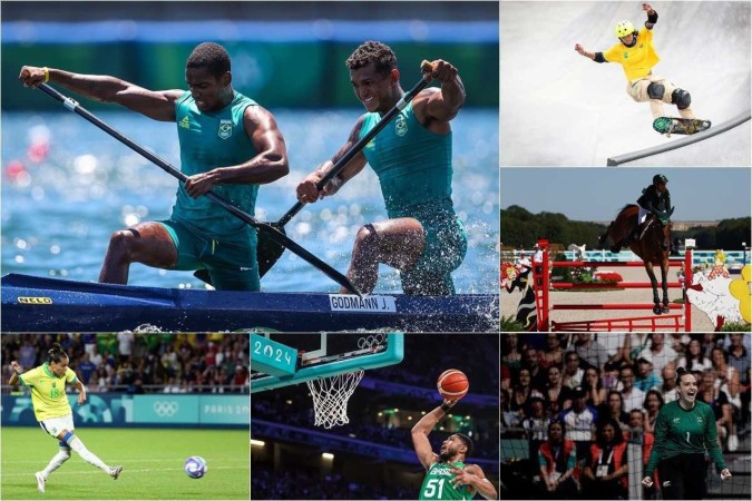 Na imagem Isaquias Queiroz e Jacky Godmann (foto maior), da canoagem velocidade; (da esquerda para a direita) Gabi Portilho, do futebol feminino, Bruno Caboclo, do basquete masculino; Gabi Moreschi, do handebol feminino; Rodrigo Pessoa, do hipismo; e Raicca Ventura, do skate park -  (crédito: Wander Roberto/COB; ROMAIN PERROCHEAU / AFP; Gaspar Nóbrega/COB; Alexandre Loureiro/COB; Luiza Moraes/COB; Gaspar Nóbrega/COB)