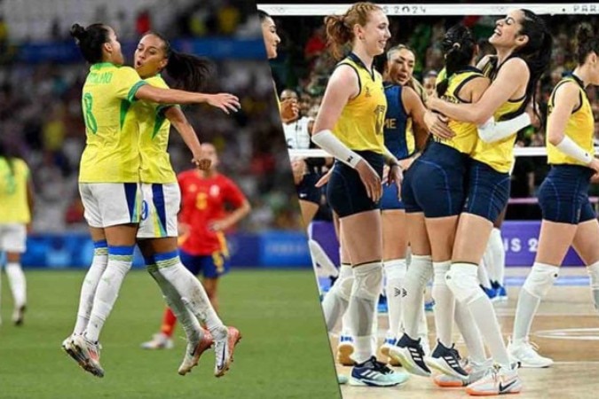 Seleção feminina de futebol aplicou 4 a 2 na Espanha, atual campeã do mundo, e está em uma final olímpica pela terceira vez. Já o vôlei, superou a República Dominicana e segue viva atrás do tric. Nas semis, rival serão os EUA  -  (crédito: Foto: Sylvain Thomas/AFP via Getty Images | Natalia Koleniskova/AFP via Getty Images)