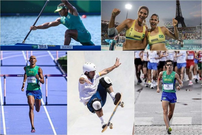 Isaquias Queiroz (superior esquerda), da canoagem velocidade, Ana Patrícia e Duda (superior direita), do vôlei de praia, Alison dos Santos (inferior esquerda), do atletismo, Pedro Barros (inferior centro), do skate park, e Caio Bonfim (inferior direita), da marcha atlética
 -  (crédito: Gaspar Nóbrega/COB; Luiza Moraes/COB; Wander Roberto/COB; Gaspar Nóbrega/COB; Alexandre Loureiro/COB)