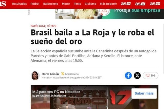 'O Brasil fez a Espanha bailar!', manchetou o 'jornal 'AS' -  (crédito:  Foto: Reprodução/As)