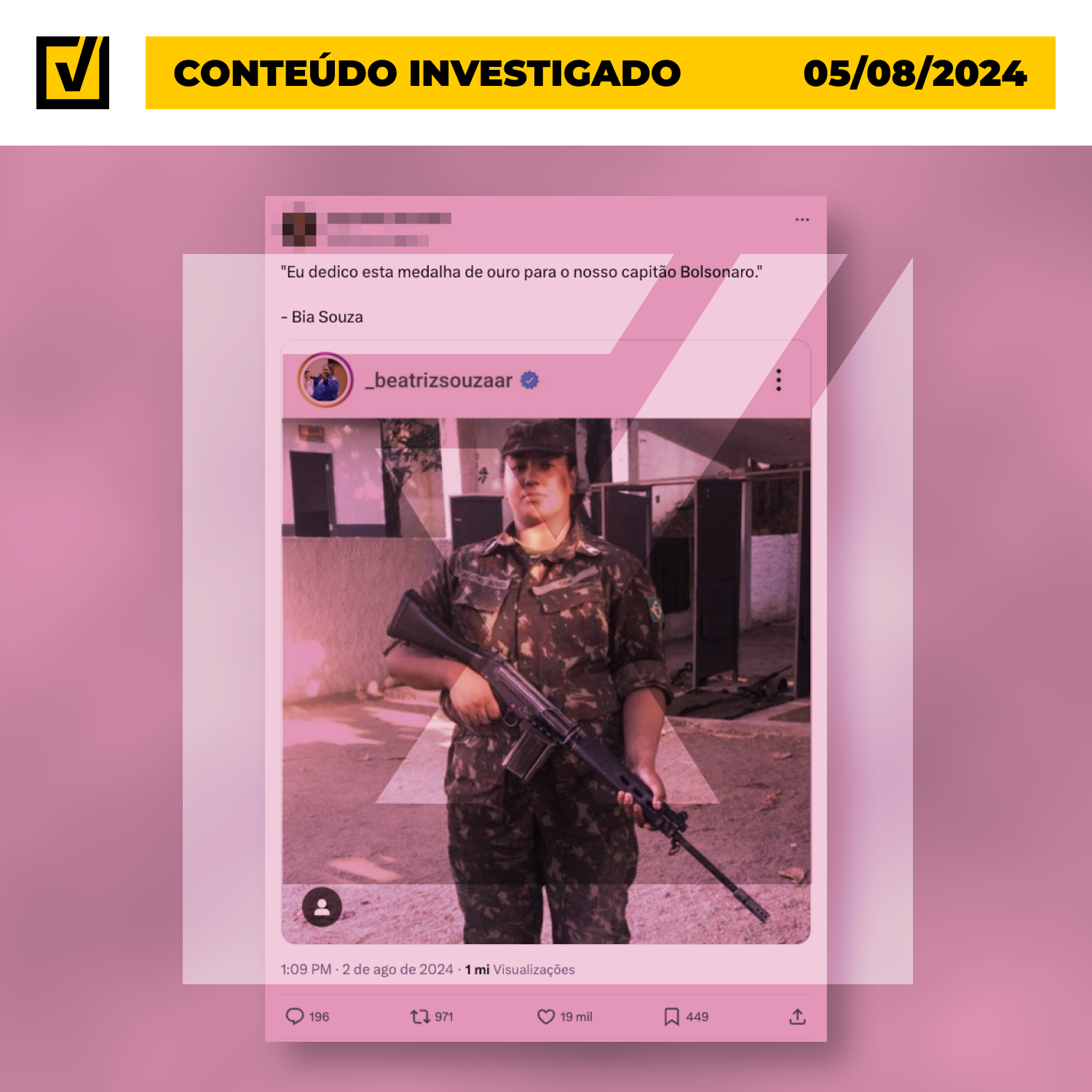 Os posts utilizam foto da atleta, que é terceiro-sargento do Exército, com uniforme militar e fuzil, e legenda em que ela declararia apoio ao político -  (crédito: Reprodução/Comprova)